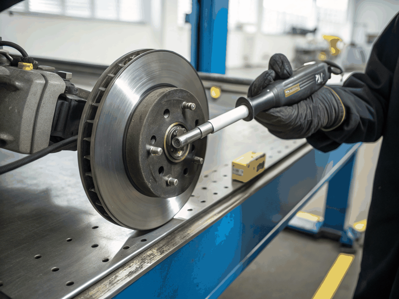 Technician installing ceramic brake pads and precision-ground rotors on vehicle hub