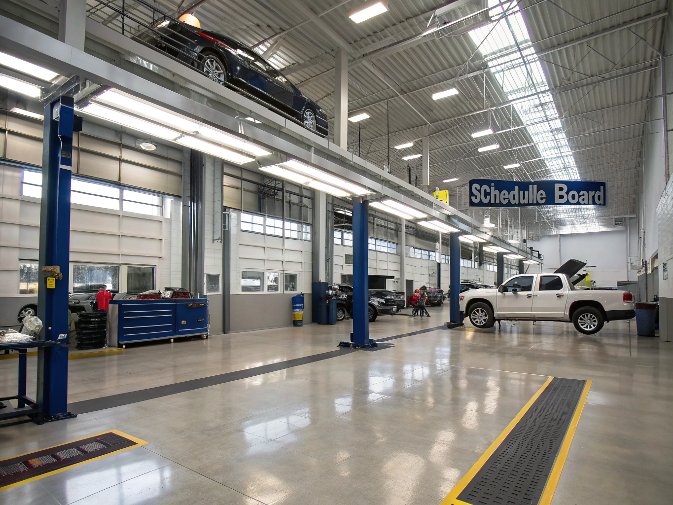 Spacious, clean, and well-lit River Valley auto repair shop bays with organized tool carts