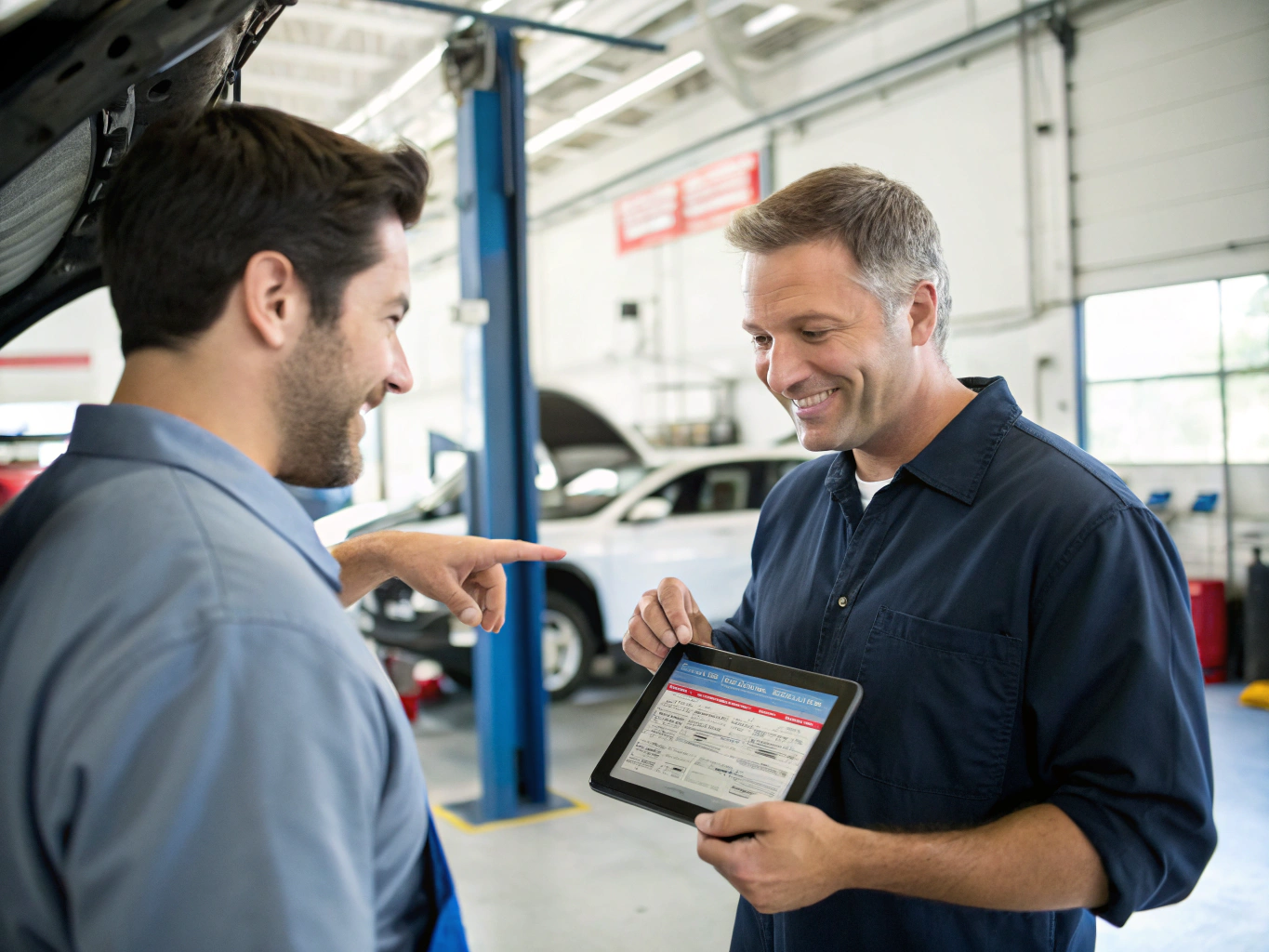 Service advisor clearly explaining repair estimate breakdown to customer at front desk