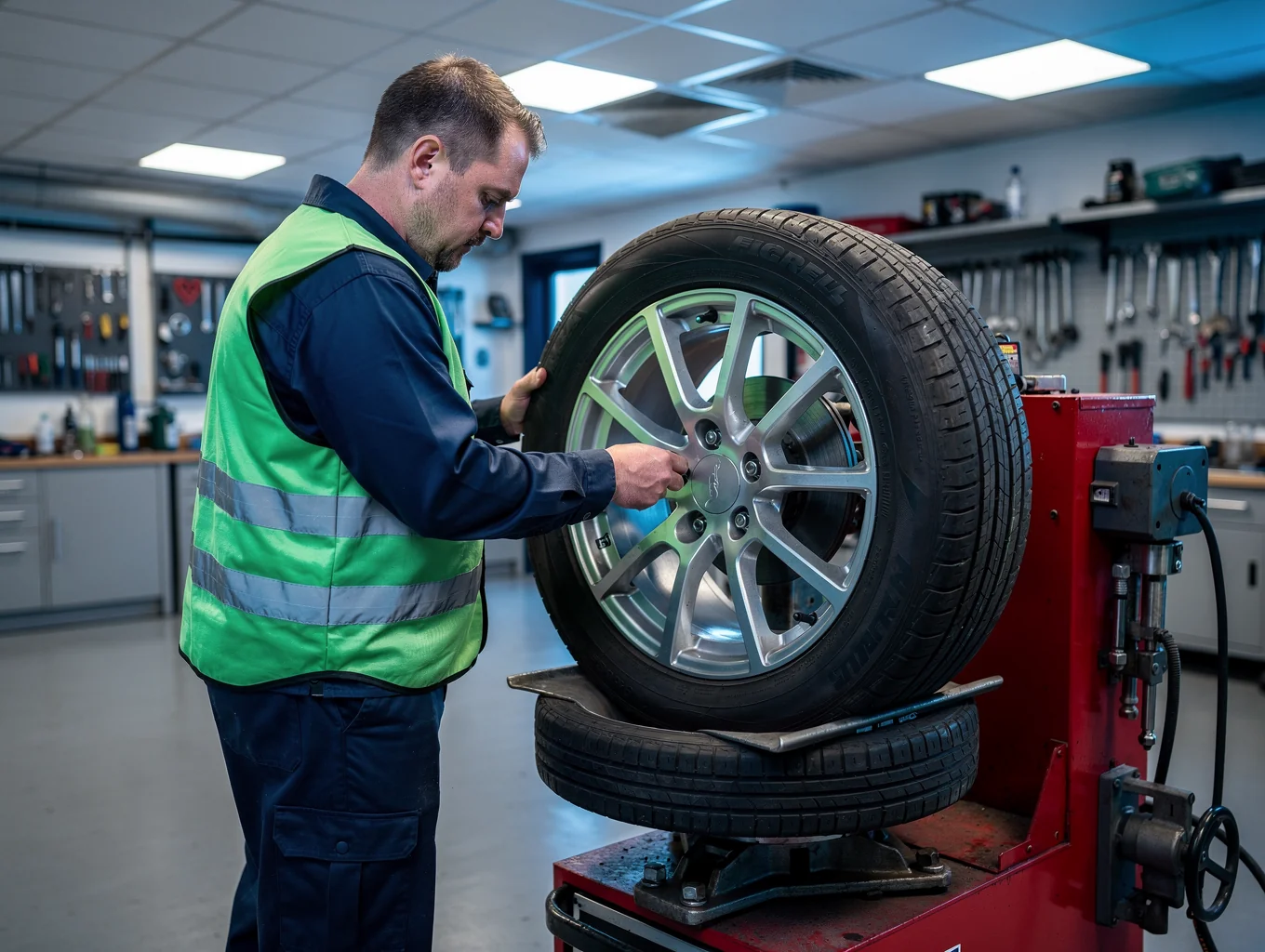 Mechanic mounting and laser-balancing a new all-season tire onto an alloy wheel
