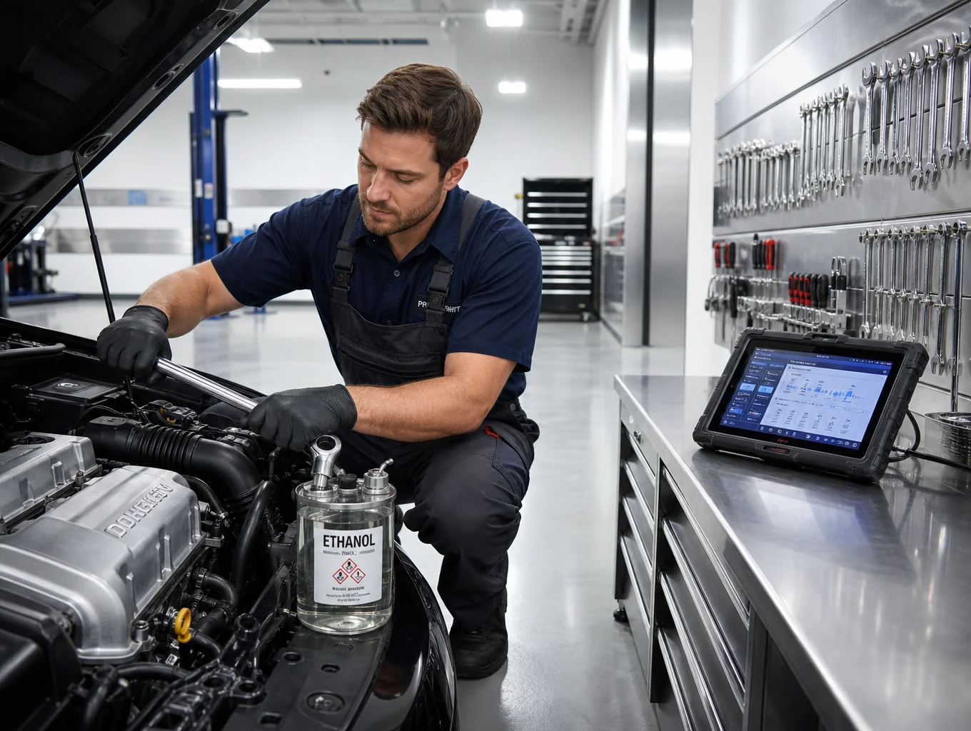Senior mechanic using digital diagnostic tablet under vehicle hood