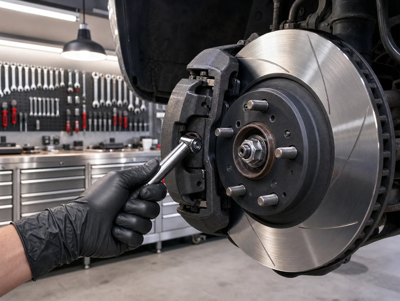 Skilled mechanic working on brake and suspension assembly on a lift
