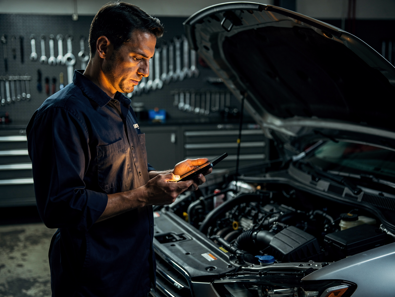 Mechanic running diagnostic check on car engine