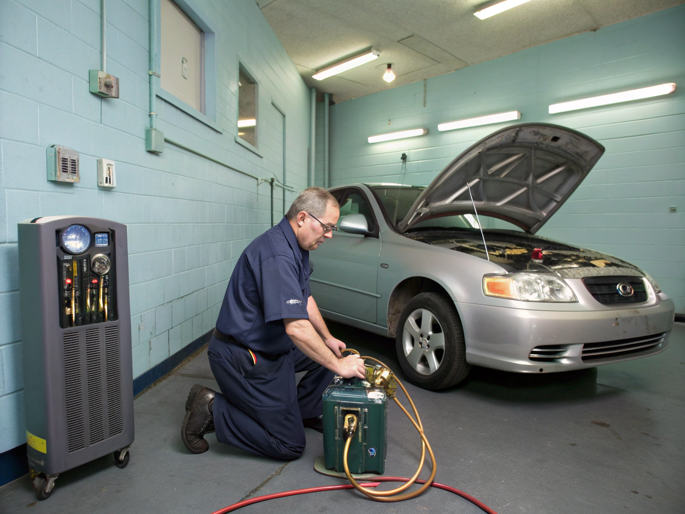 Automotive HVAC technician servicing air conditioning refrigerant lines