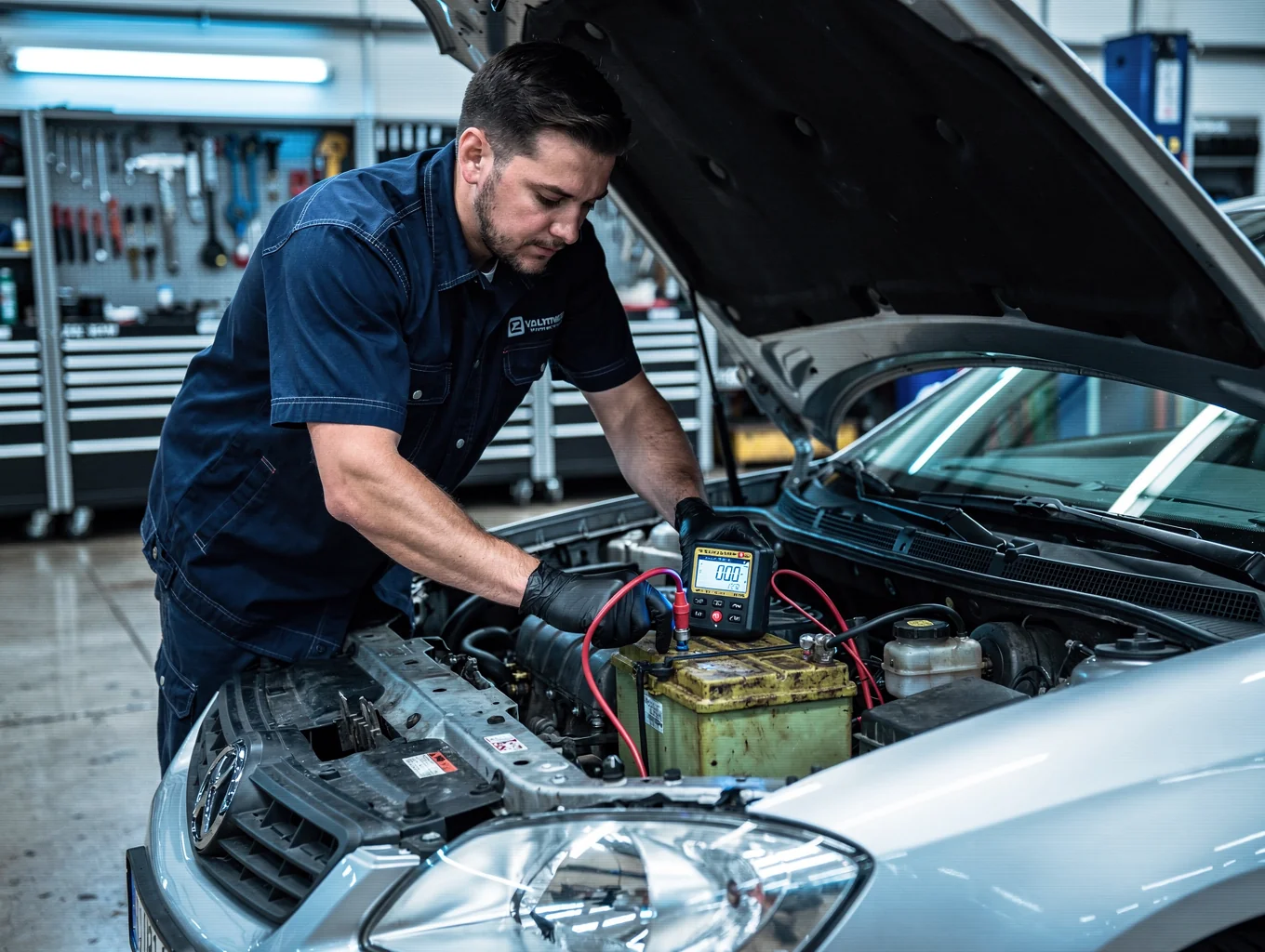 Auto technician testing car battery voltage and inspecting terminal connections