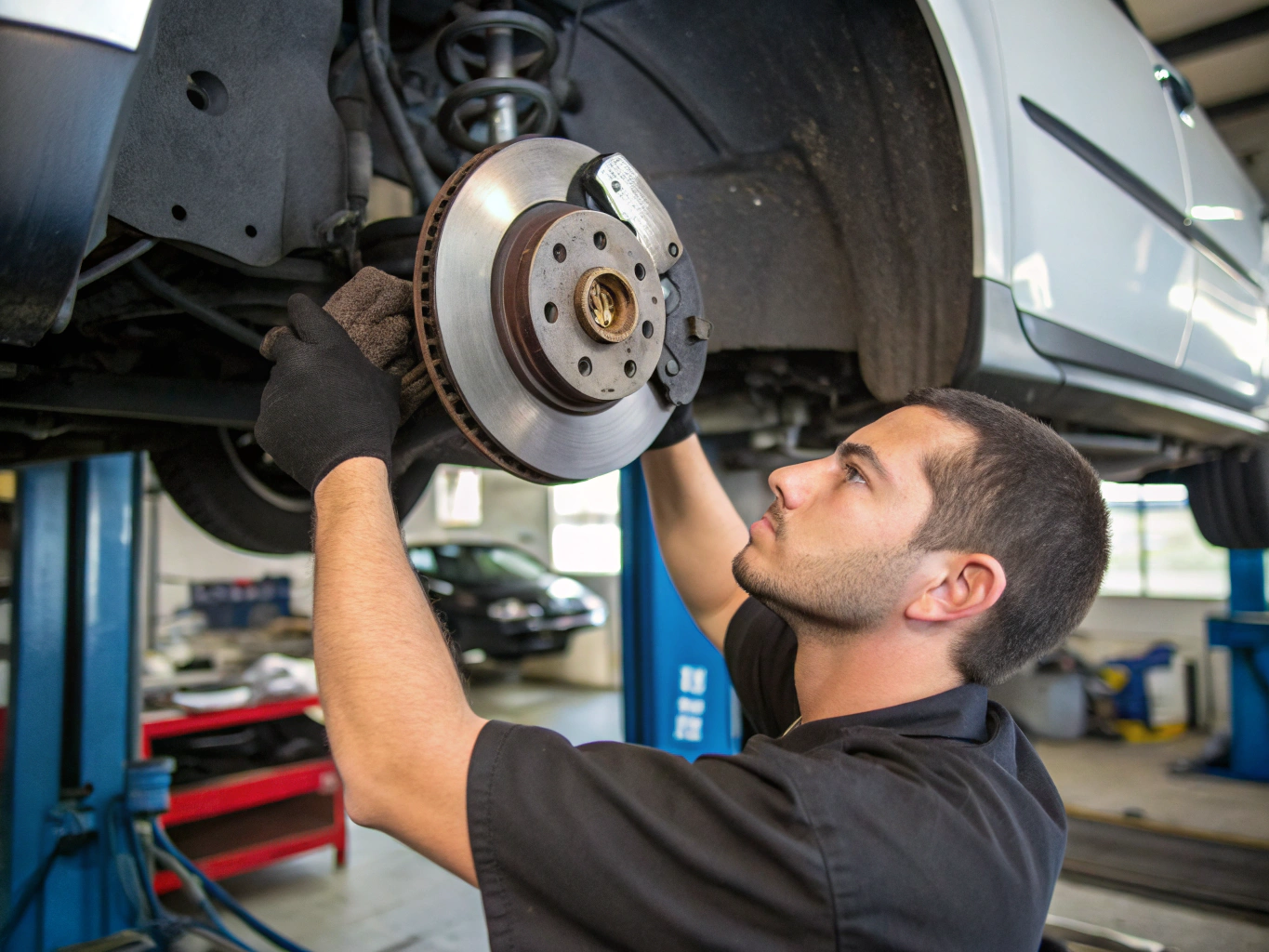 Technician inspecting and replacing brake pads and disc rotor