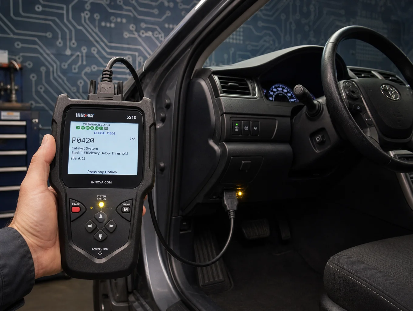 Technician connecting digital OBD diagnostic scanner to vehicle dashboard