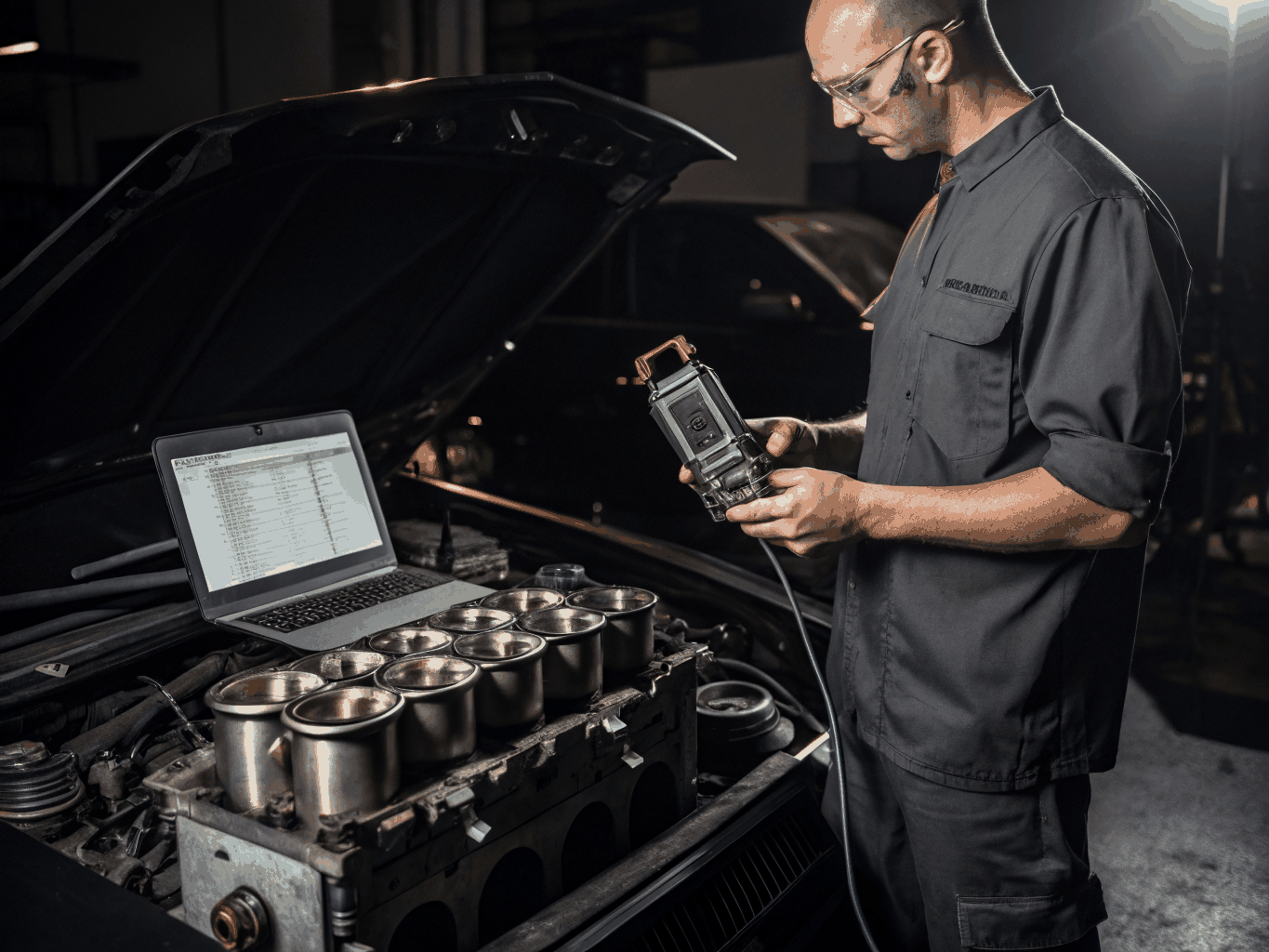 Experienced mechanic repairing vehicle engine block on hydraulic lift