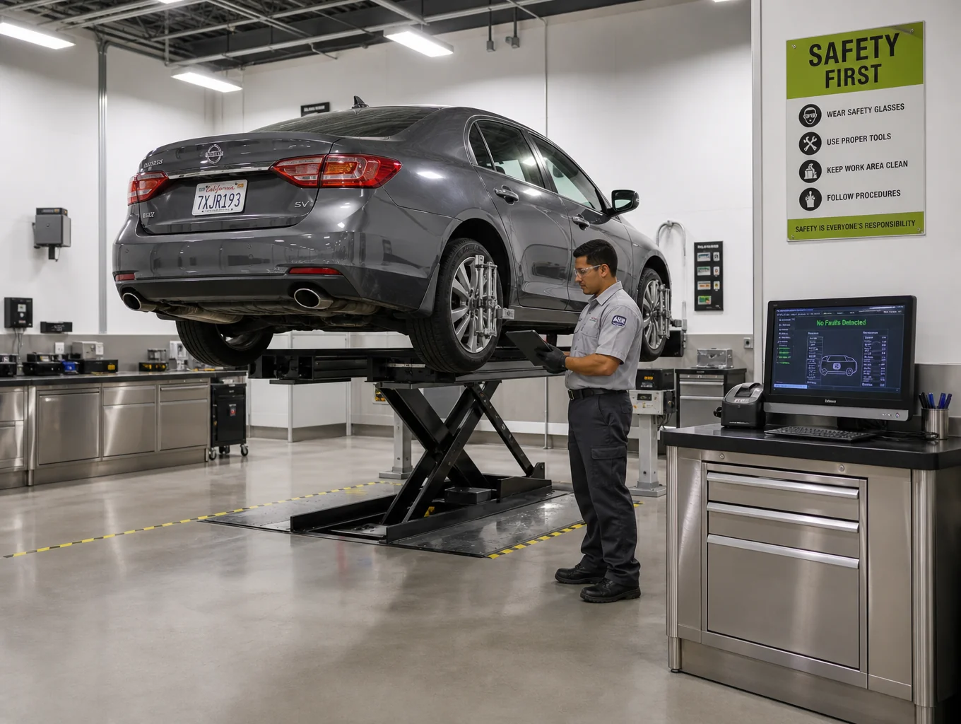 Mechanic performing multi-point safety inspection under car on lift