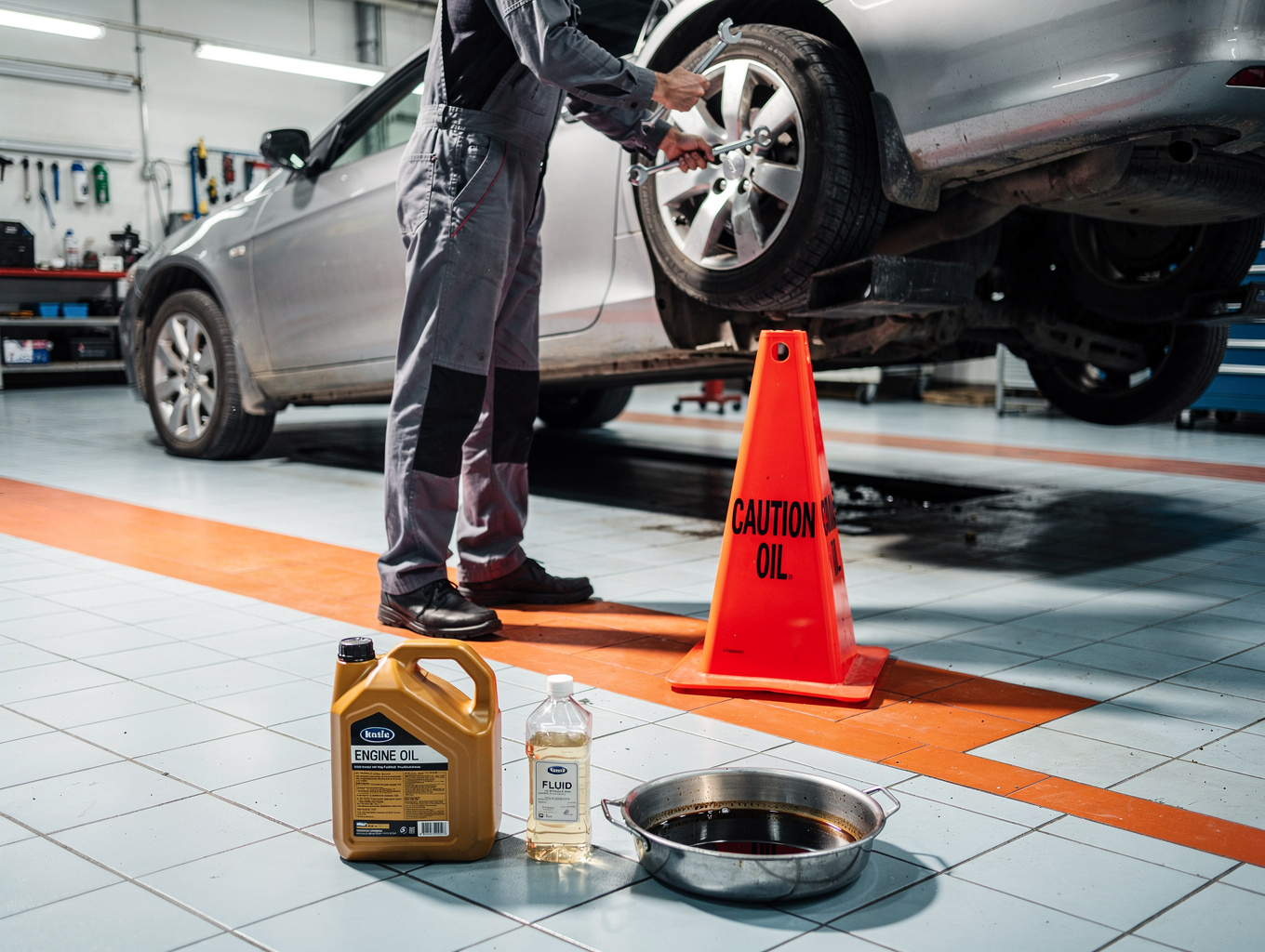 Mechanic performing motor oil change and filter replacement