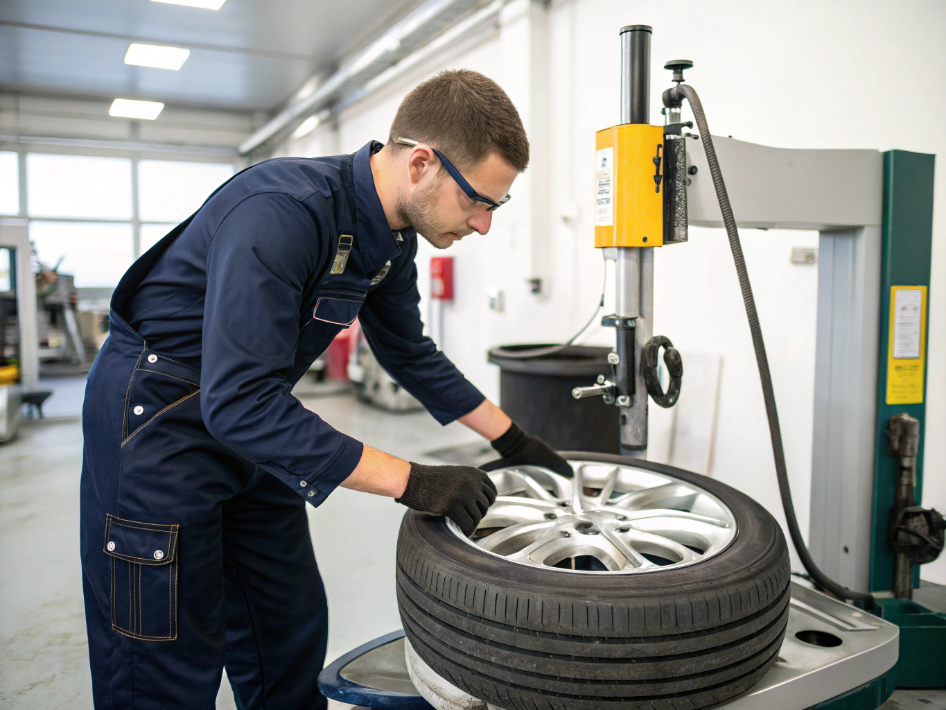 Mechanic mounting and balancing tire on laser alignment equipment