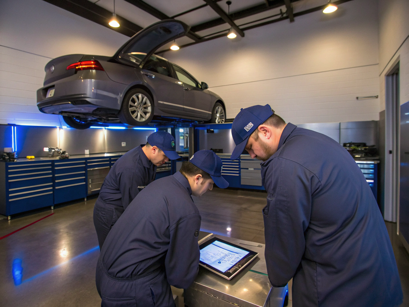 Mechanic inspecting engine diagnostics at River Valley Auto Repair shop