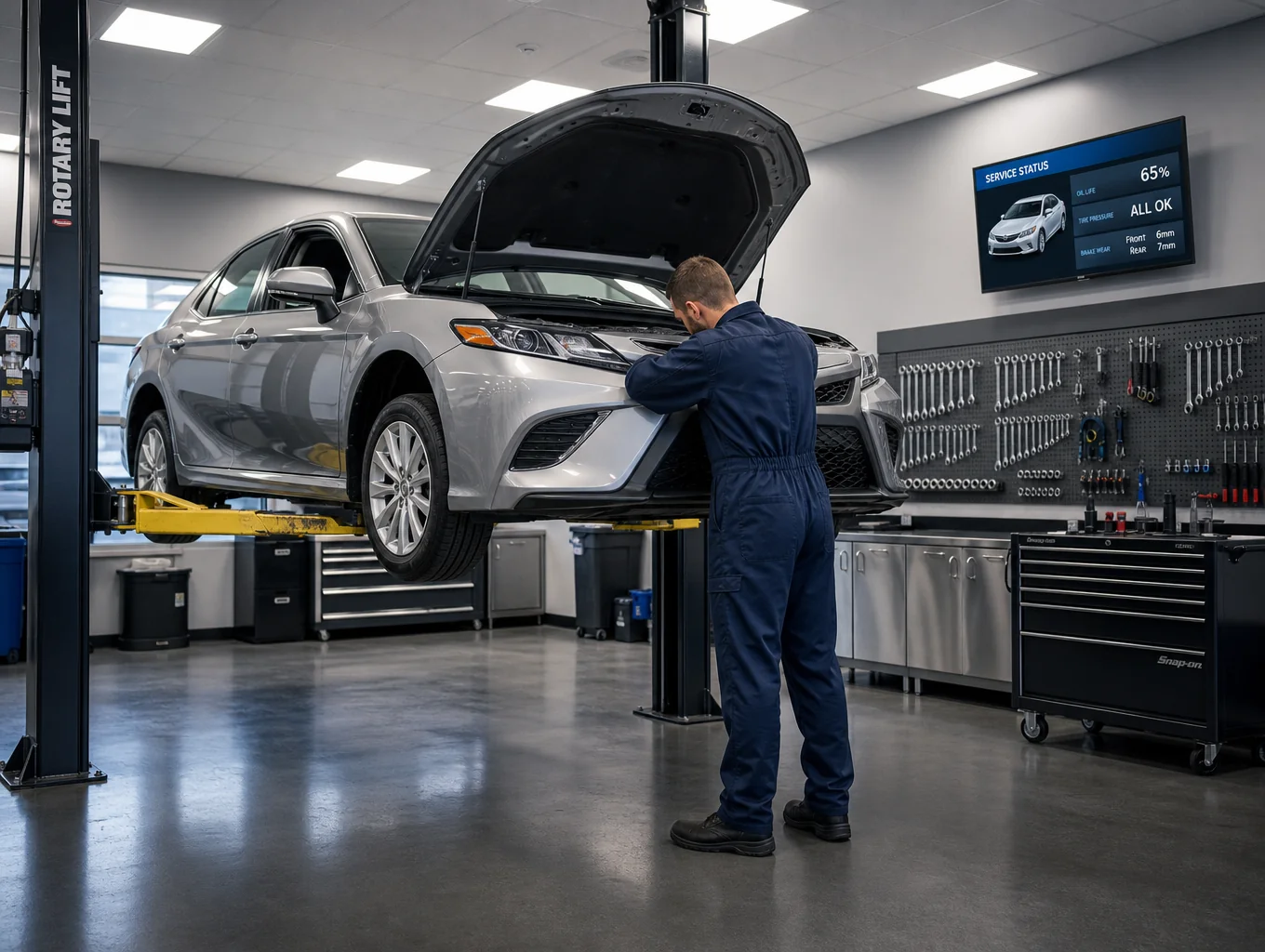 Sedan elevated on hydraulic lift during comprehensive chassis and suspension inspection